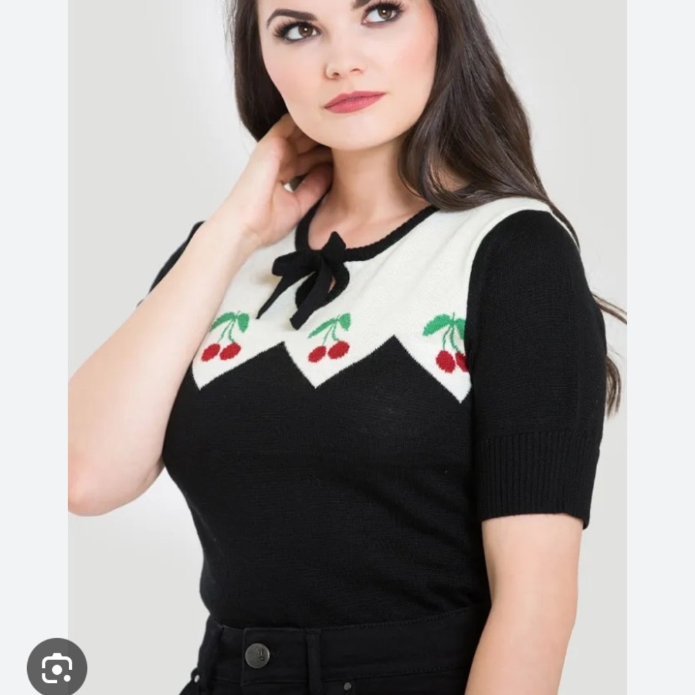 Hell Bunny Black and Cream Knit Top with Cherries